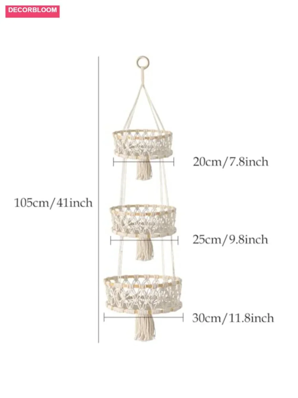 3 Tier Hanging Fruit Basket, Macrame Woven Cotton Rope Storage, Boho Plant